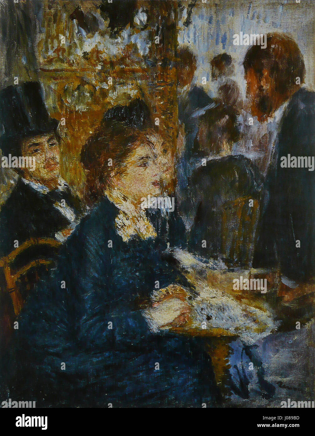 Pierre-Auguste Renoir's „Au Café“ ist ein impressionistisches Gemälde, das eine lebhafte Pariser Café-Szene darstellt. Renoir fängt die intime Atmosphäre mit seinen charakteristischen weichen Pinselarbeiten ein und konzentriert sich dabei auf das Licht und die Farbe, die das tägliche Leben im Frankreich des späten 19. Jahrhunderts prägen. Stockfoto