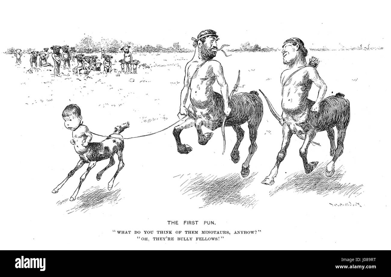 „The First Pun“ (1898) von T. S. Sullivant ist ein humorvoller Cartoon, der den unverwechselbaren Stil des Künstlers zeigt. Sullivants Werk ist bekannt für seine clevere Verwendung visueller Sprache und fängt die spielerische Seite der amerikanischen Kultur des 19. Jahrhunderts ein. Stockfoto