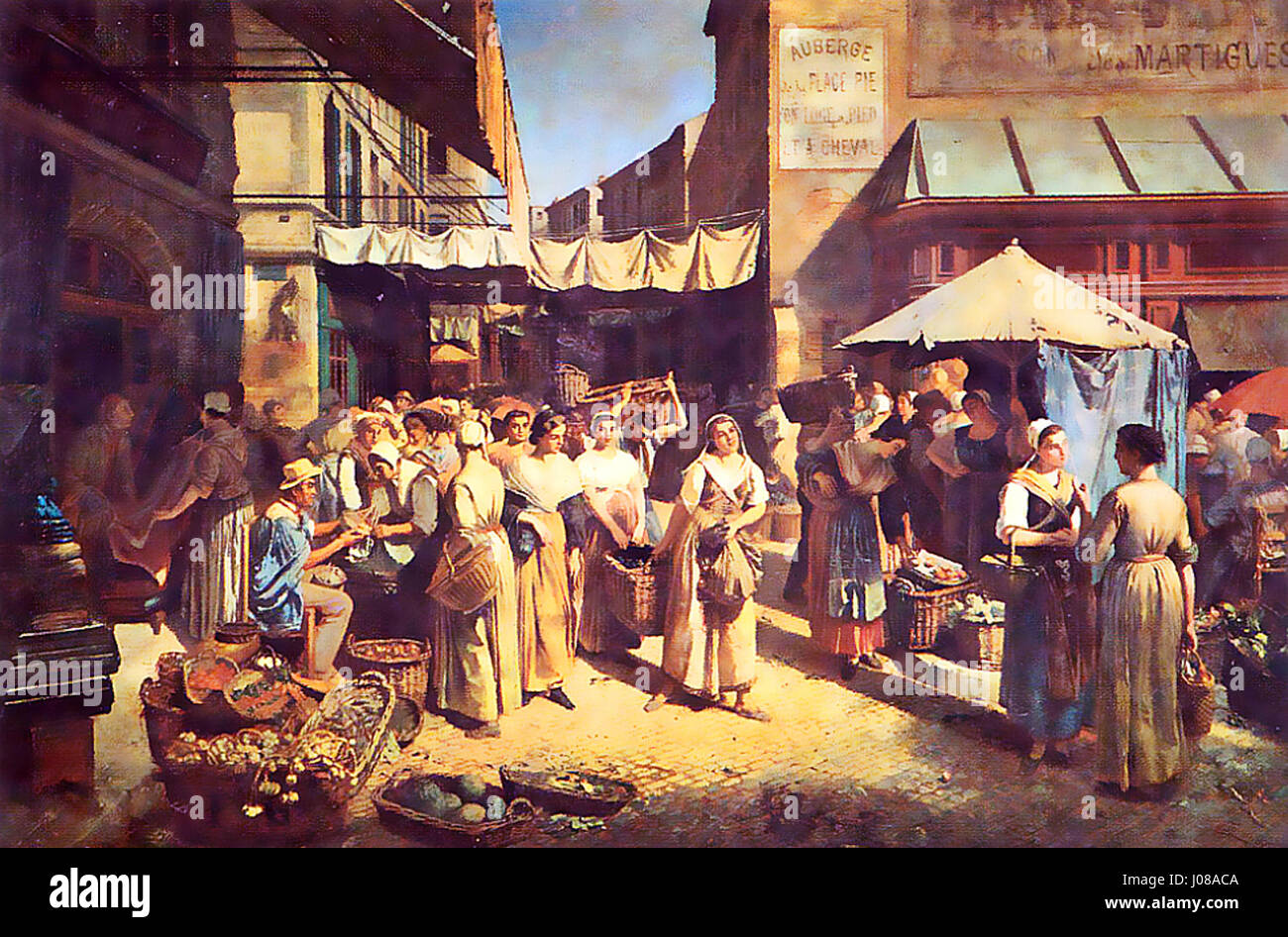 Dieses Gemälde von Pierre Grivolas mit dem Titel „Marché de la Place Pie“ zeigt eine geschäftige Marktplatzszene in Frankreich während des 19. Jahrhunderts. Die Arbeit stellt die Dynamik und Aktivität des Marktes dar und betont die dynamische Interaktion zwischen Anbietern und Kunden sowie die Umgebung. Stockfoto