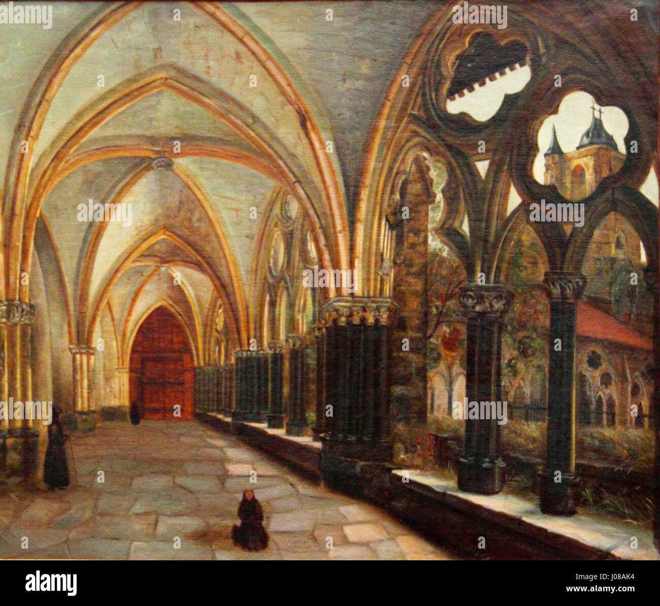 Die „Cloître de Bayonne en 1835“ zeigt den Kreuzgang von Bayonne und erfasst die architektonische Pracht und friedliche Atmosphäre dieses historischen religiösen Raumes in Südfrankreich während des 19. Jahrhunderts. Stockfoto