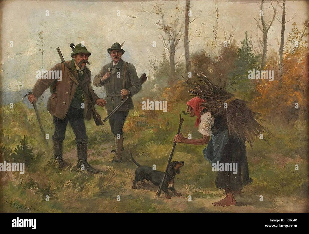 Ein Gemälde von Wilhelm Gräbhein, einem deutschen Künstler, mit dem Titel Jäger und Reisigsammlerin, das einen Jäger und eine Frau zeigt, die Holz sammelt, entstanden vor 1923. Stockfoto