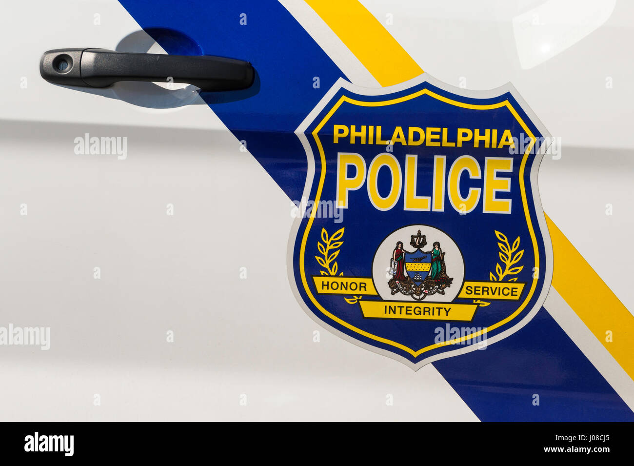 Philadelphia-Polizei-Auto-Tür mit Abzeichen, Philadelphia, Pennsylvania, USA Stockfoto