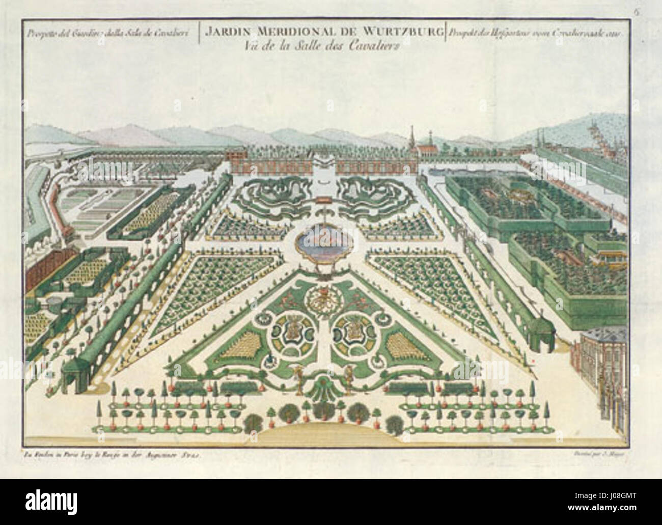 Der Würzburger Hofgarten um 1770 präsentiert den formellen Garten der Residenz Würzburg mit einer europäischen Gartengestaltung aus dem 18. Jahrhundert mit symmetrischer Grundrisse und barocker Ästhetik. Stockfoto
