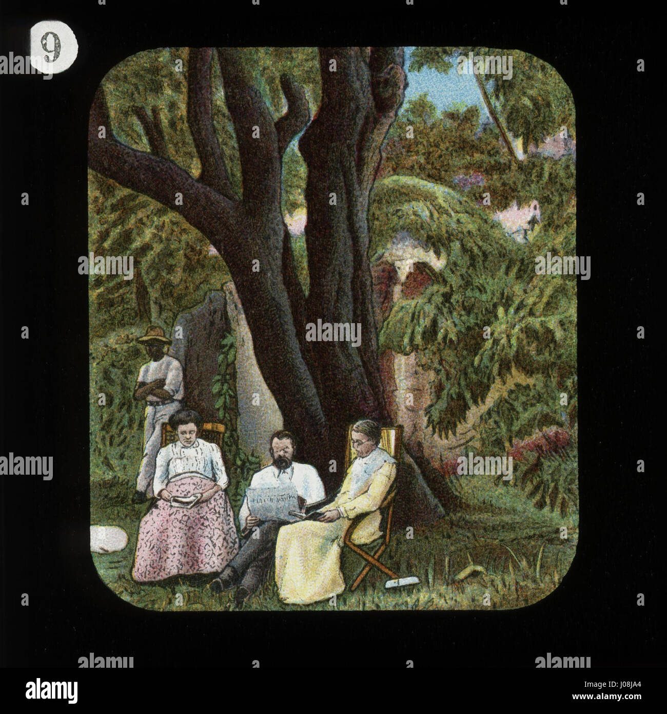Mandelbaum bei Kuruman (unbekannter Mann; Mary Livingstone (geb. Moffat); Robert Moffat; Mary Moffat (geb. Smith)) von der London Missionary Society Stockfoto