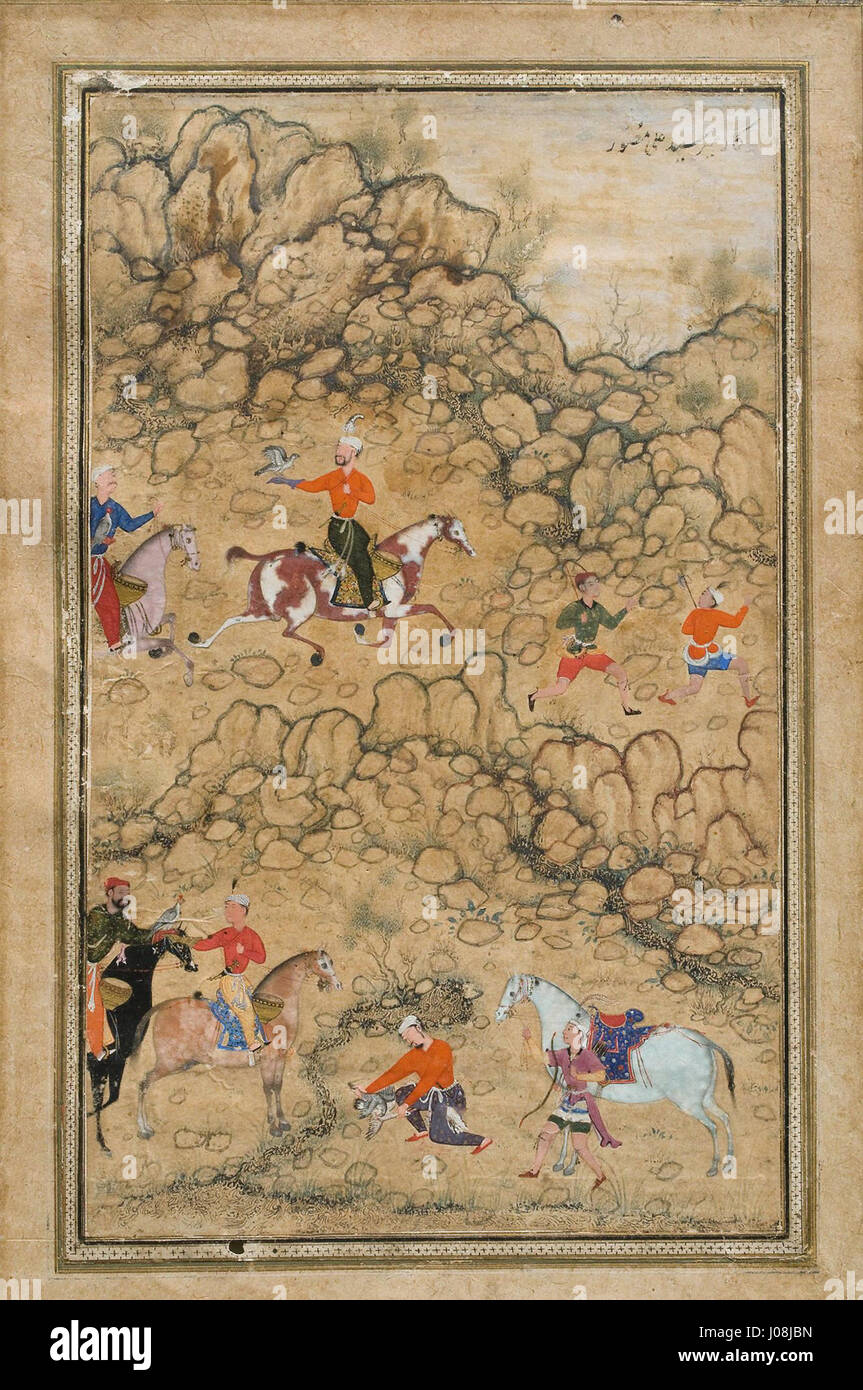 Dieses Miniaturgemälde von Abd al Samad, das um 1555–58 entstanden ist, zeigt Prinz Akbar und seine Adligen, die im traditionellen Hawking-Sport tätig sind. Das Werk beleuchtet das Leben am Mogul-Hof und zeigt lebendige Details der Figuren und ihrer Umgebung. Stockfoto