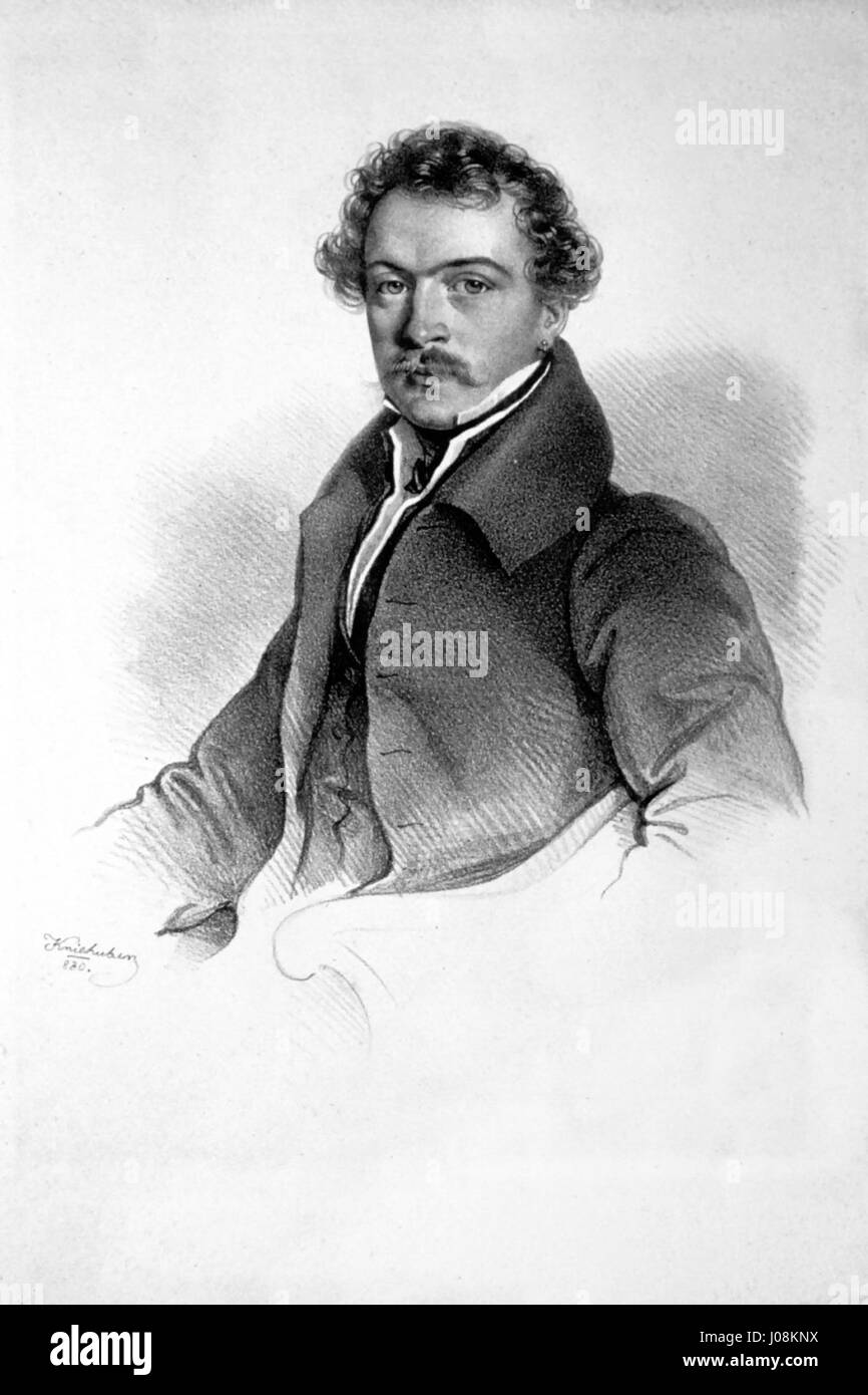 Ferdinand d. Ž. Fruhwirths Lithografie ist ein gutes Beispiel für seine Kunst in der Druckerei, indem er detaillierte Figuren und scharfe Kontraste einfängt. Seine Lithografien zeichnen sich durch komplizierte Linienarbeit und fachkundige Schattierung aus, was sie zu einem wichtigen Bestandteil der europäischen Druckkunst macht. Stockfoto