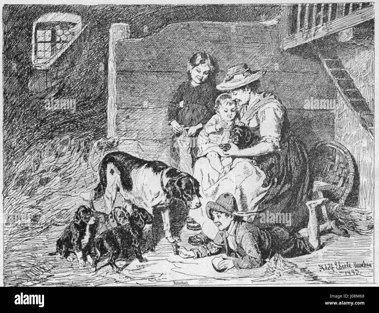 Ein Stich aus dem Jahr 1857, der eine ländliche Familienszene in einer Scheune mit einer Kuh und Welpen zeigt, mit einer Frau, die ein Baby hält, einer anderen Frau, die daneben sitzt, und einem Mann, der auf dem Boden liegt. Stockfoto