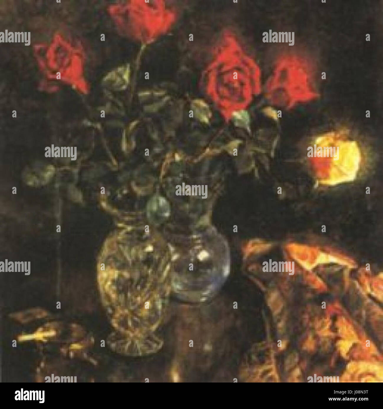 Ivan Vavpoticas „DVE vazi z vrtnicami“ (zwei Vasen mit Rosen) zeigt eine Stillleben-Komposition, die zarte Rosen in Vasen hervorhebt. Die Arbeit spiegelt seinen Fokus auf die Schönheit alltäglicher Gegenstände wider, wobei oft detaillierte Pinselarbeiten und eine gedämpfte Farbpalette verwendet werden, um subtile Eleganz zu vermitteln. Stockfoto