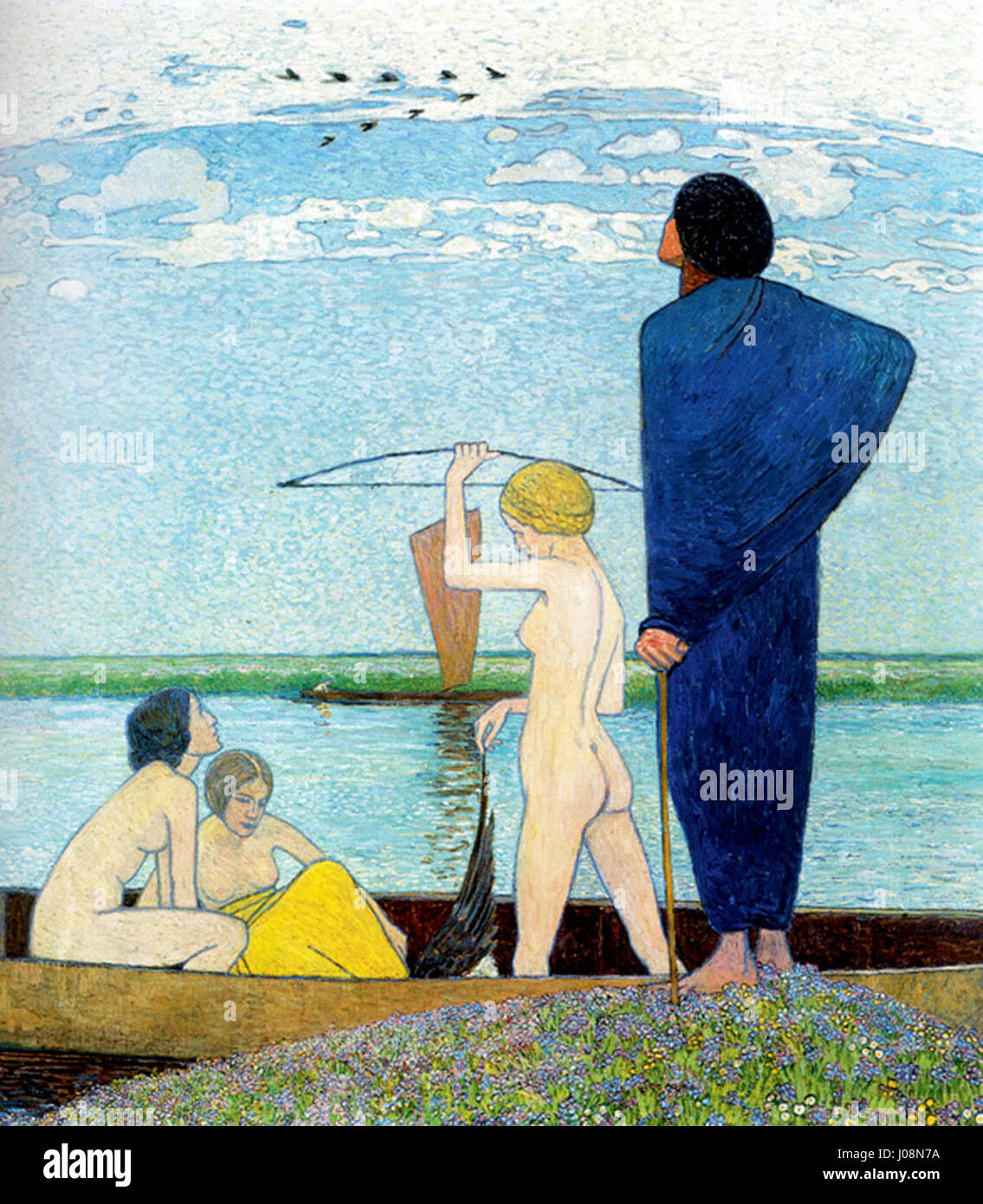 „Träume“ von Heinrich Vogeler ist ein symbolisches Werk für den Übergang des Künstlers vom Jugendstil zum Expressionismus. Das Stück zeigt eine traumhafte, introspektive Szene voller lebendiger Farben und emotionaler Tiefe, die Vogelers wachsende Konzentration auf die psychologischen Aspekte des menschlichen Zustandes widerspiegelt. Stockfoto