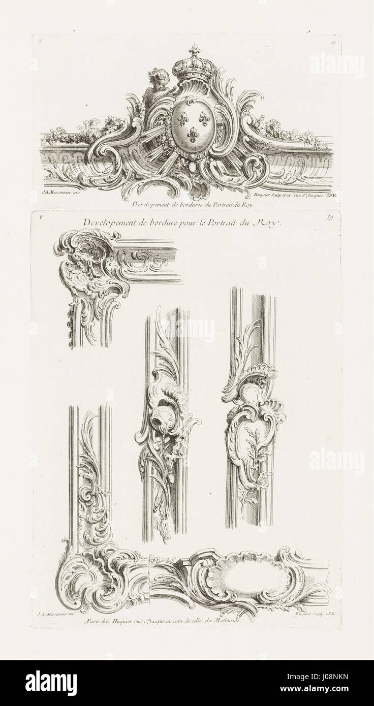 Dieses Design von Juste-Aurèle Meissonnier zeigt eine Kartusche mit den königlichen Wappen, eingerahmt von einer dekorativen Borte. Das Werk veranschaulicht den Rokoko-Stil und betont kunstvolle und detaillierte Handwerkskunst. Stockfoto