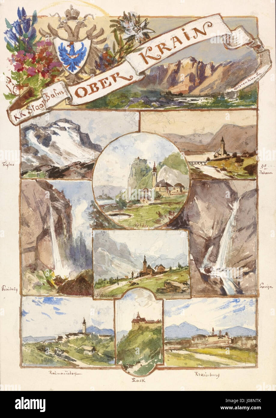 Ladislav Beneschs „Predloga za prospekt drzavne zgornjekranjske zeleznice“ ist ein Vorschlag für eine Werbebroschüre der Oberen Karnioleisenbahn, in der der Verkehr und die industrielle Entwicklung in Slowenien hervorgehoben werden. Stockfoto