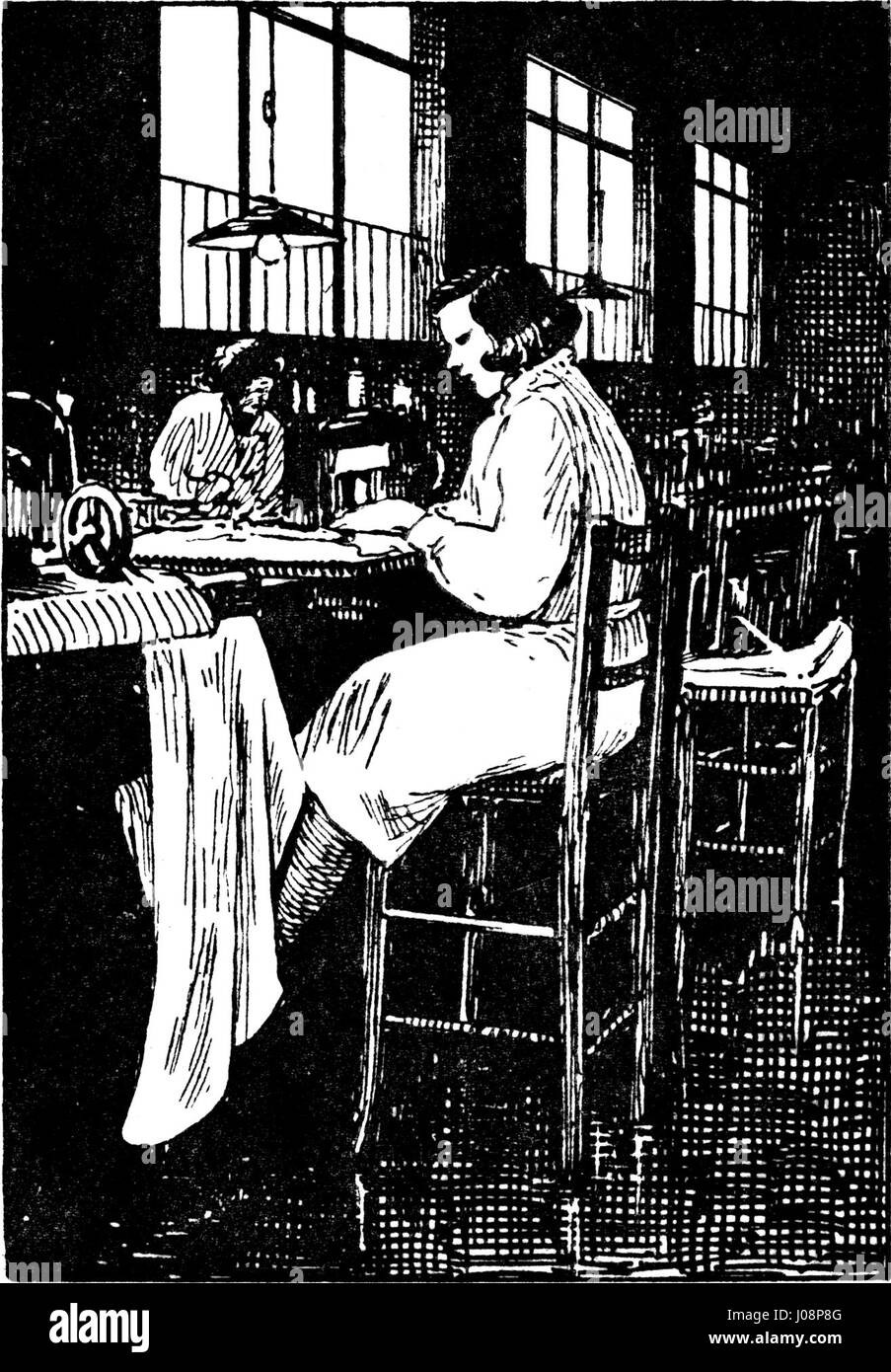 Le métier de Corsetière ist ein französisches Gemälde, das die intime, geschickte Arbeit eines Korsettenmachers einfängt. Das Stück hebt sowohl die Handwerkskunst als auch den persönlichen Aspekt des Berufs hervor. Stockfoto
