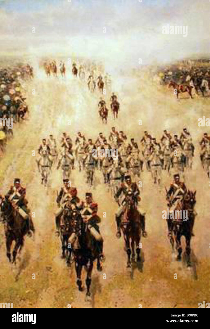 Desfile de caballería ist ein Gemälde des spanischen Künstlers Marcelino de Unceta, das eine Kavallerie-Parade darstellt. Das Kunstwerk fängt die Bewegung und Regalität der Kavallerie ein und zeigt Uncetas Liebe zum Detail und die dynamische Komposition. Stockfoto