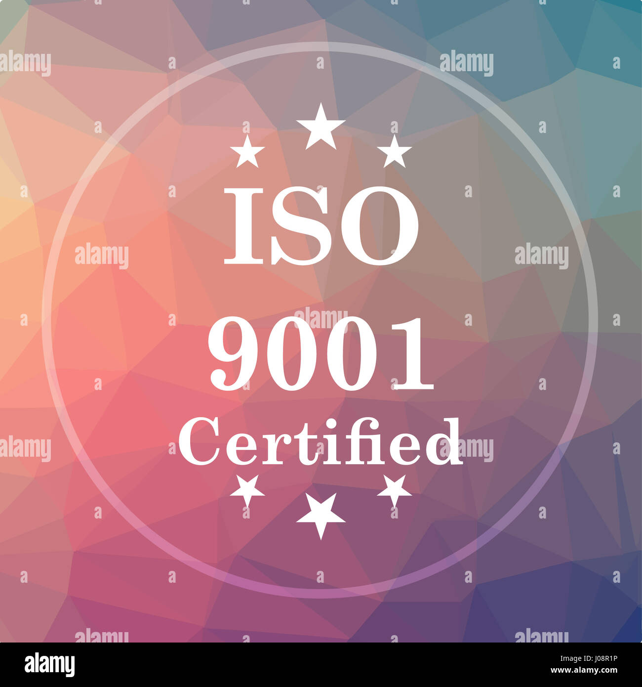 ISO9001-Symbol. Schaltfläche "ISO9001 Webseite" auf low-Poly-Hintergrund. Stockfoto