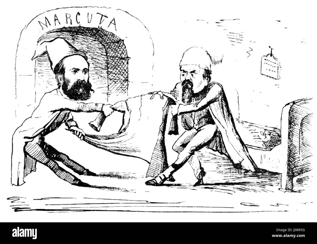 Eine satirische Illustration aus der Zeitung „Ghimpele“ (The Thorn) vom 25. April 1876 zeigt eine humorvolle und kritische Szene mit Charakteren namens Harda und Muerescu. Der politische Zeichentrick spiegelt die Spannungen und Auseinandersetzungen der Zeit in der rumänischen Gesellschaft wider und fängt sowohl Humor als auch soziale Kommentare durch übertriebene Gesichtsausdrücke und Einstellungen ein. Stockfoto