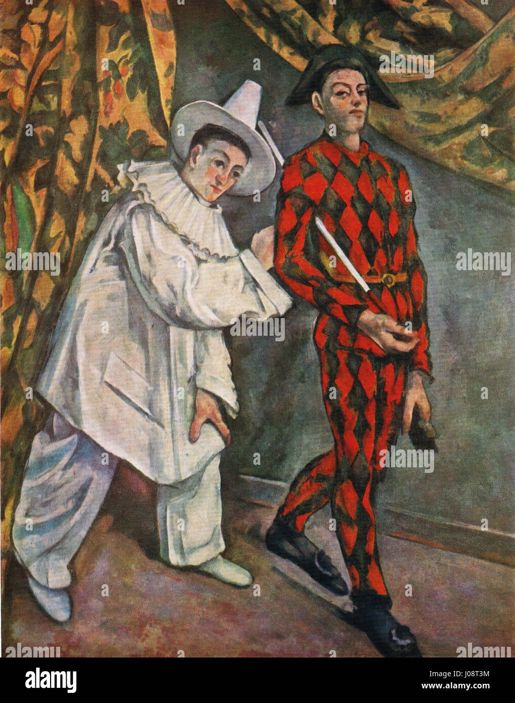 Paul Cézannes „Mardi Gras (Pierrot et Harlequin)“ fängt die verspielte und lebendige Atmosphäre des Mardi Gras-Festivals ein, wobei die Figuren von Pierrot und Harlequin im Mittelpunkt der Komposition stehen. Cézannes Verwendung lebendiger Farben und Pinselstriche vermittelt die Energie des Karnevals. Stockfoto