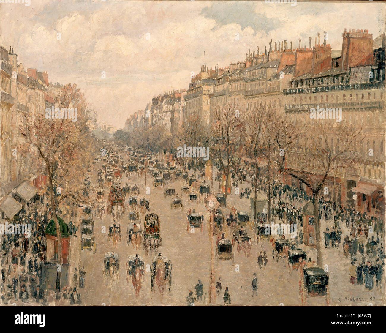 „Boulevard Montmartre, Paris“ von Camille Pissarro ist ein klassisches impressionistisches Gemälde, das die pulsierende Energie der Pariser Straßen einfängt. Das Stück zeigt Pissarros unverwechselbaren Einsatz von Farben und Pinselarbeiten, um die dynamische Atmosphäre der Stadt zu vermitteln. Stockfoto