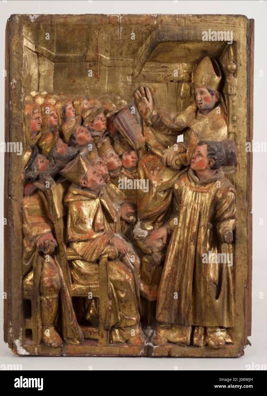 „Predicación de Sant Eloi“ zeigt die Predigt des Heiligen Eloi, einer beliebten Figur im mittelalterlichen Christentum. Die Szene zeigt die Rolle des heiligen bei der Verbreitung des Glaubens, mit Schwerpunkt auf religiösen Themen und Symbolismus. Stockfoto