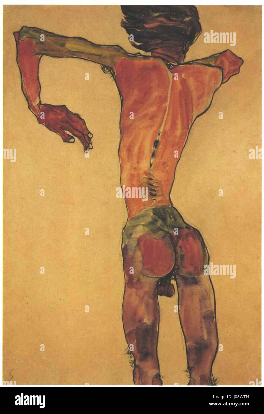 Schiele - Stehender Männlicher Rückenakt Stockfoto
