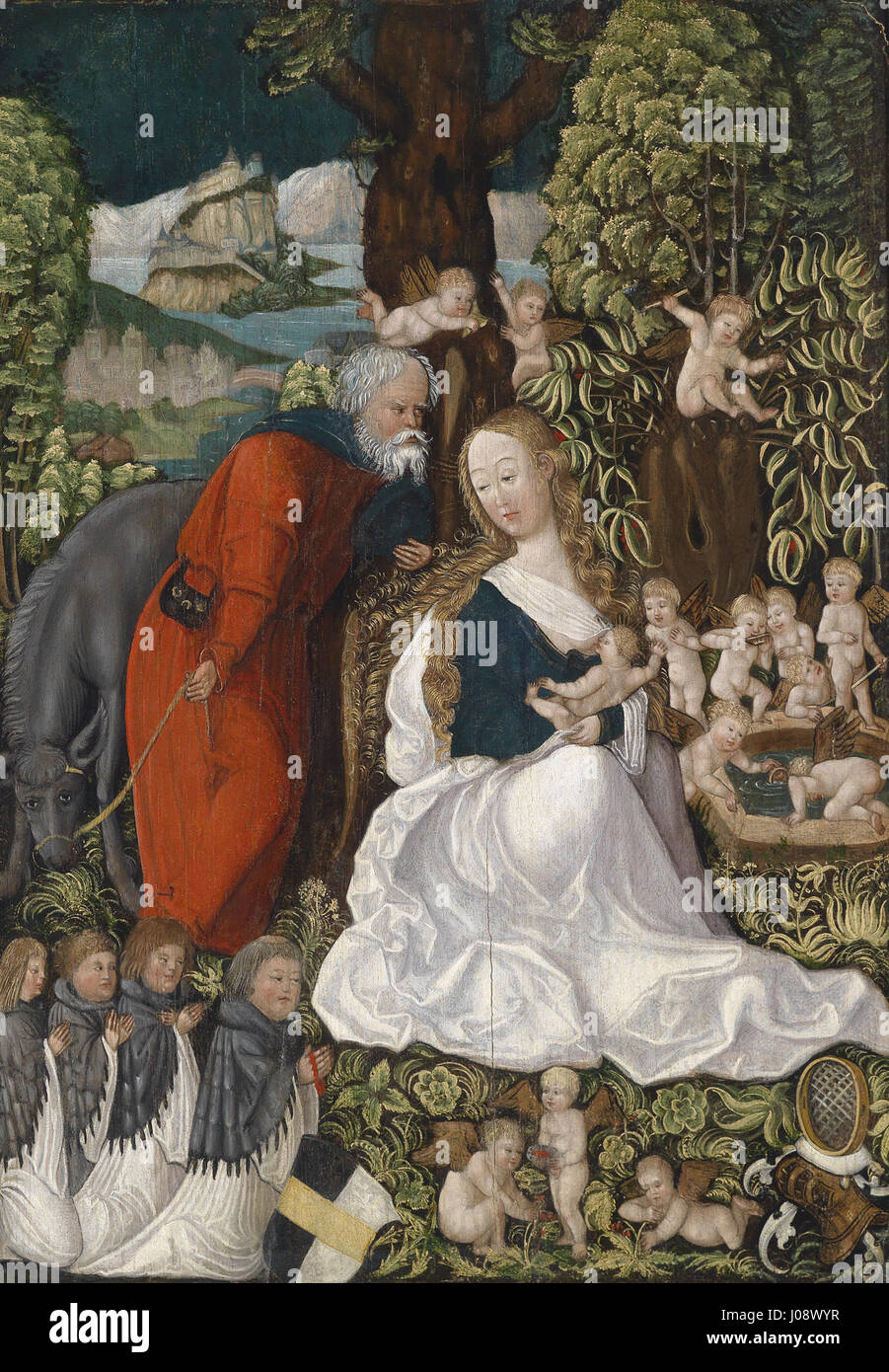 Die Ruhe auf der Flucht nach Ägypten, ein Gemälde in Öl auf Tempera auf Nadelholz, um 1510, im Stil der Donauschule und Lucas Cranach dem Älteren zugeschrieben, das die Heilige Familie mit kirchlichen Stiftern und dem Wappen der Ritter von Otting zeigt. Stockfoto