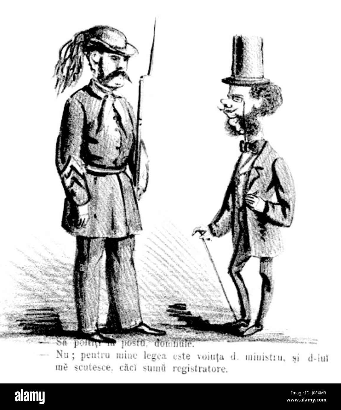 Der Satz "Sa poftiți în post, domnule", der am 28. August 1866 in der Ghimpele veröffentlicht wurde, übersetzt in "Bitte geben Sie den Posten ein, Sir." Diese Publikation war in der rumänischen Literatur und Geschichte von Bedeutung und spiegelt das sozio-politische Klima der damaligen Zeit wider. Stockfoto