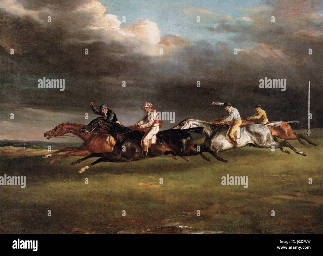 Théodore Géricaults „The Epsom Derby“ zeigt das berühmte englische Pferderennen und fängt die Spannung und Intensität des Augenblicks ein. Géricault ist bekannt für seinen lebhaften und dynamischen Stil und betont Bewegung und Energie, indem er sowohl Reiter als auch Pferde mit viel Realismus und Detail darstellt. Stockfoto