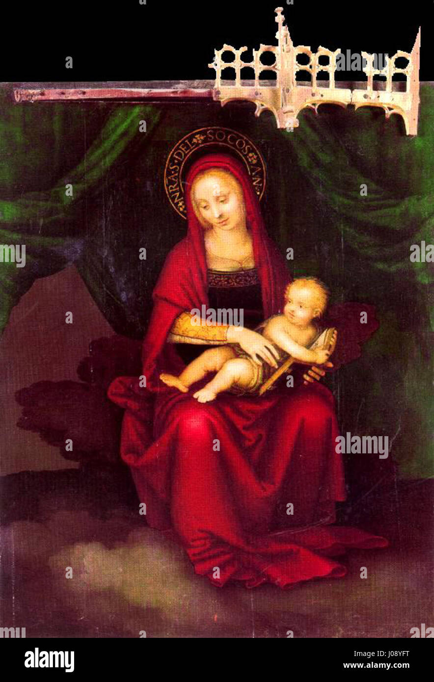 „Virgen del Socorro“ ist ein Fragment des Altaraufsatzes von San Miguel de Ayora, der mit Öl auf Holz gemalt ist. Das Kunstwerk in der Pfarrkirche Nuestra Señora de la Asunción in Ayora, Valencia, zeigt religiöse Bilder aus dem spanischen Barock. Stockfoto