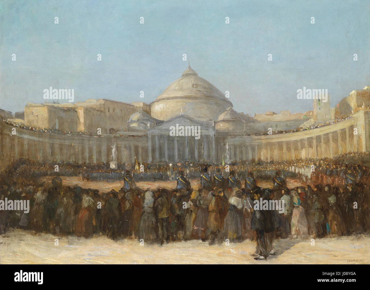 „Militärparade Neapel“ von Victor Amadee Faure nimmt eine große Militärparade in Neapel ein, die wahrscheinlich die militärische Tradition des 19. Jahrhunderts darstellt. Das Gemälde konzentriert sich auf den Prunk und die Organisation der Veranstaltung, zeigt Uniformen und den formalen Charakter militärischer Ausstellungen. Stockfoto