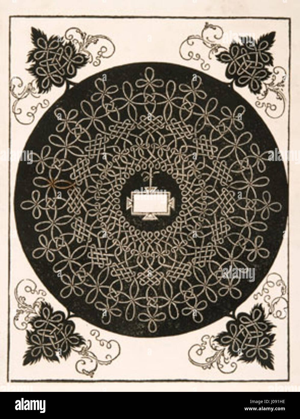 Dieser Holzschnitt von Albrecht Dürer nach einem Entwurf von Leonardo da Vinci zeigt dekorative Knoten und ein längliches Rosette. Das Stück zeigt Dürers Meisterschaft im Kupferstich und seinen Einfluss durch Künstler der Renaissance. Stockfoto