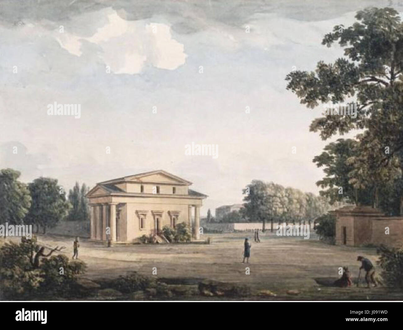 „Barrière de Saint-Mandé“ erfasst eine detaillierte Ansicht einer Barriere im Viertel Saint-Mandé in Paris. Das Gemälde hebt die architektonischen Merkmale des Gebäudes und seine Rolle in der Stadtlandschaft von Paris im 18. Jahrhundert hervor. Stockfoto