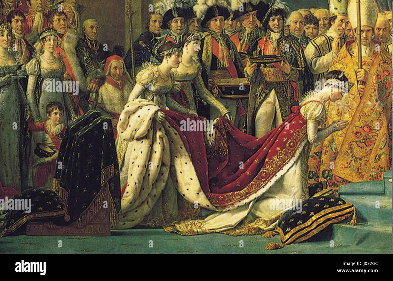 Jacques-Louis Davids „Sacre de l’Kaiser Napoléon Ier“ zeigt die Krönung Napoleons Bonapartes durch Papst Pius VII. Dieser detaillierte Abschnitt zeigt die Pracht der Zeremonie und die zeremonielle Kleidung der Figuren, die an dem historischen Ereignis beteiligt waren und Napoleons imperiale Macht festigen. Stockfoto