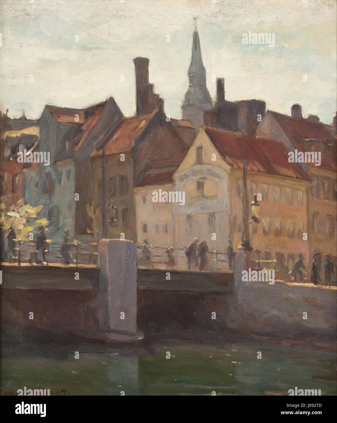 Emil Orliks „Brücke in Kopenhagen“ fängt eine Brücke in Kopenhagen ein und zeigt die städtische Landschaft und die architektonischen Merkmale der Stadt. Orliks Stil spiegelt eine Mischung aus Impressionismus und früherer Moderne wider, typisch für sein Werk in dieser Zeit. Stockfoto