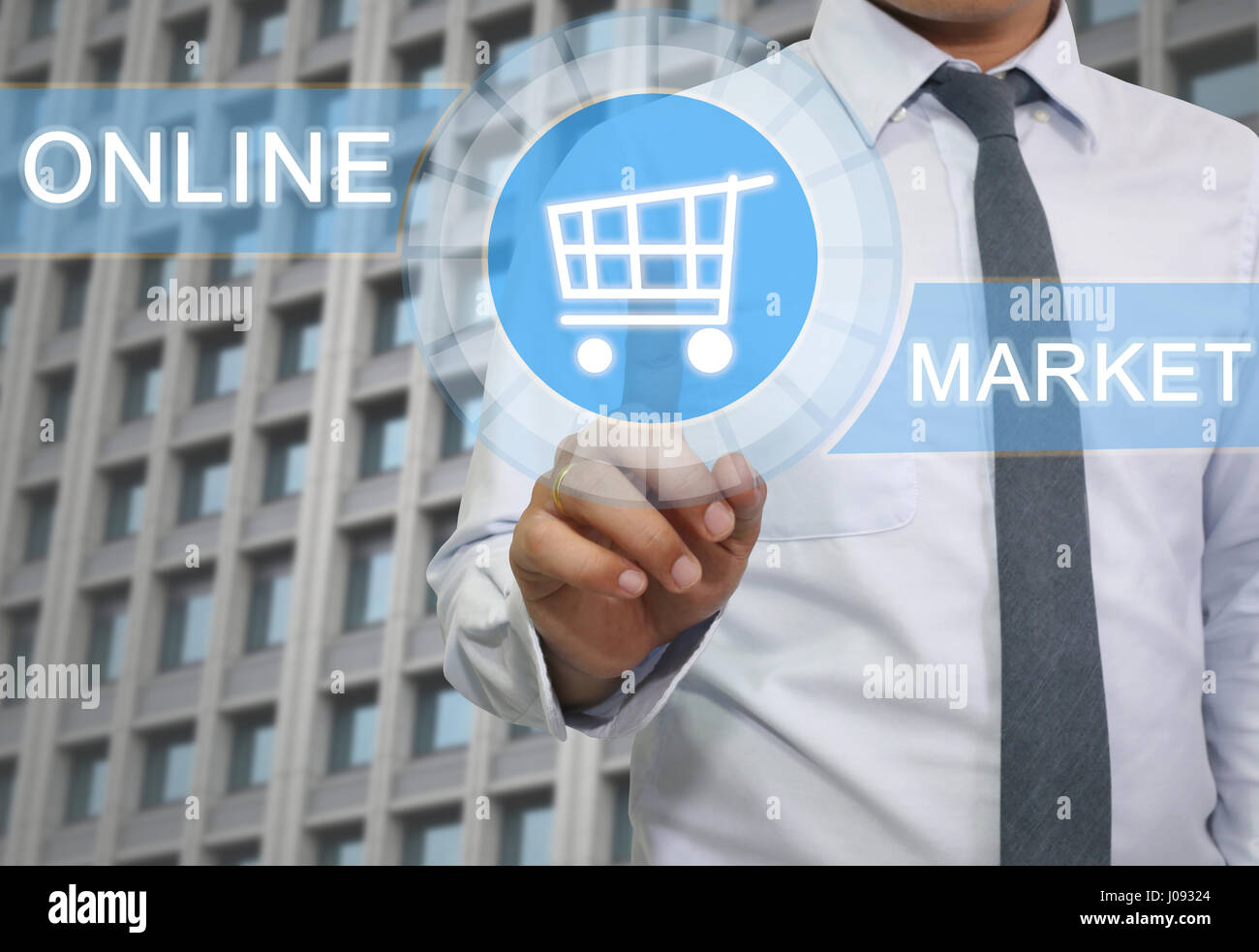 Hand der Geschäftsmann Touch Korb-Logo-Bild in der Online-marketing-Konzept und Präsentationen in Ihre Arbeit. Stockfoto