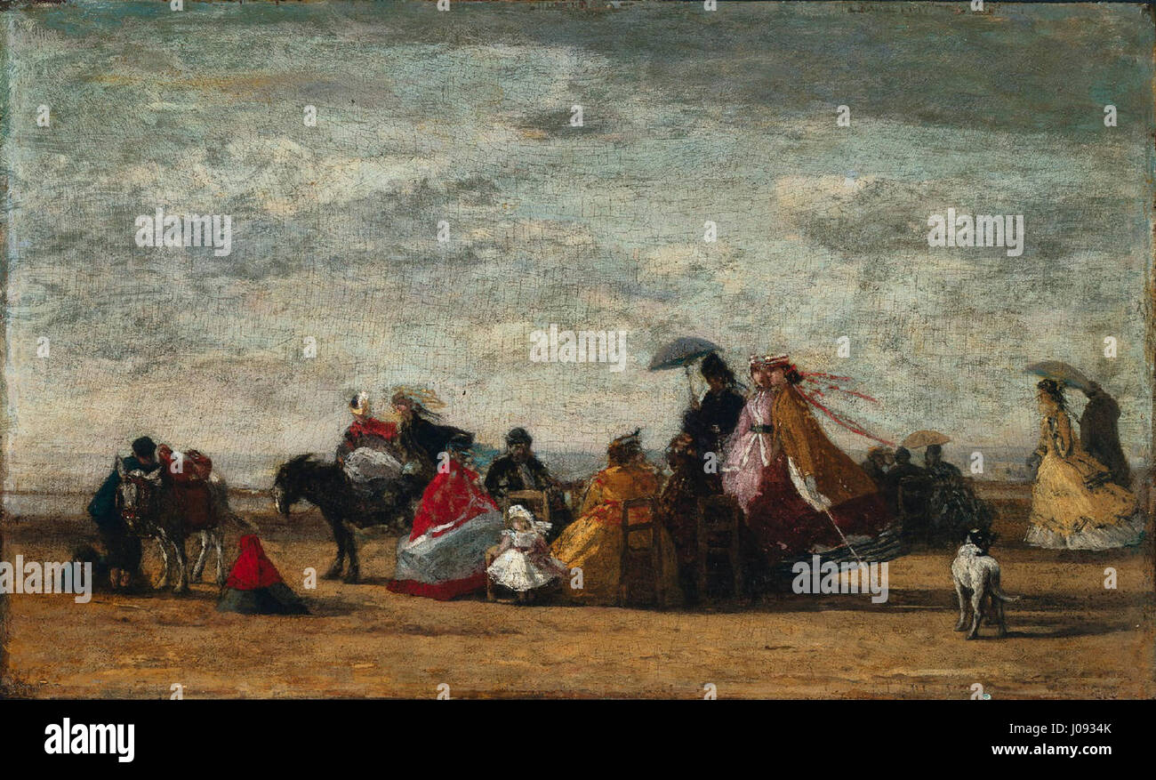„Scène de plage“ von Eugène Boudin zeigt eine Strandszene, die typisch für den impressionistischen Stil ist. Das Werk zeigt Figuren, das Meer und Strandelemente mit leuchtenden Farben und Licht. Stockfoto