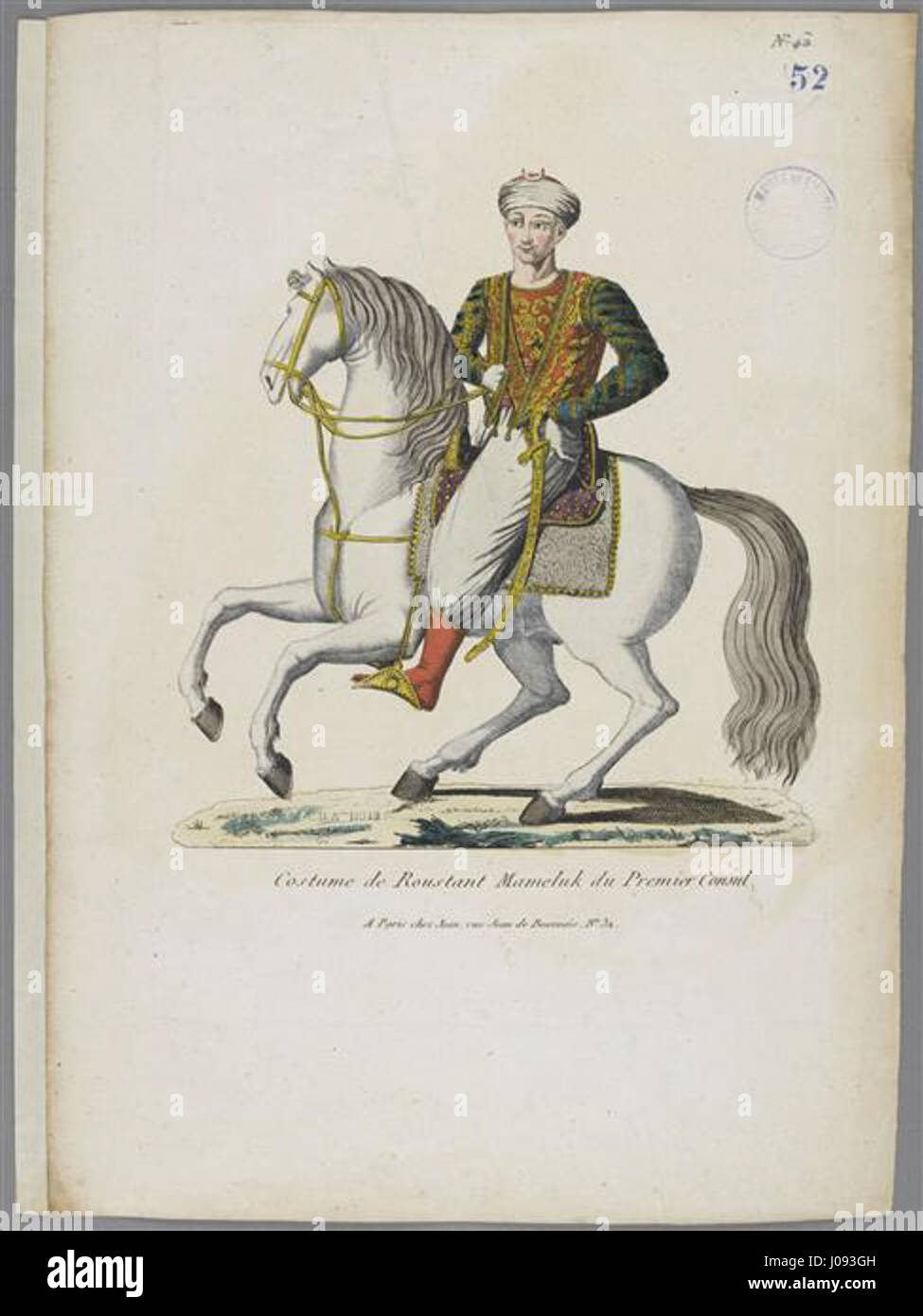 Das „Kostüm de Roustant Mameluck du Premier Consul“ ist ein Gravur, der die Kleidung eines Mameluken aus der Zeit des Ersten Konsul Napoleon Bonaparte darstellt. Dieser Druck aus dem 19. Jahrhundert erfasst die komplizierten Details der Militäruniform der Mameluke, ein Symbol für Napoleons ägyptischen Feldzug und die vielfältige Zusammensetzung seiner kaiserlichen Armee. Stockfoto