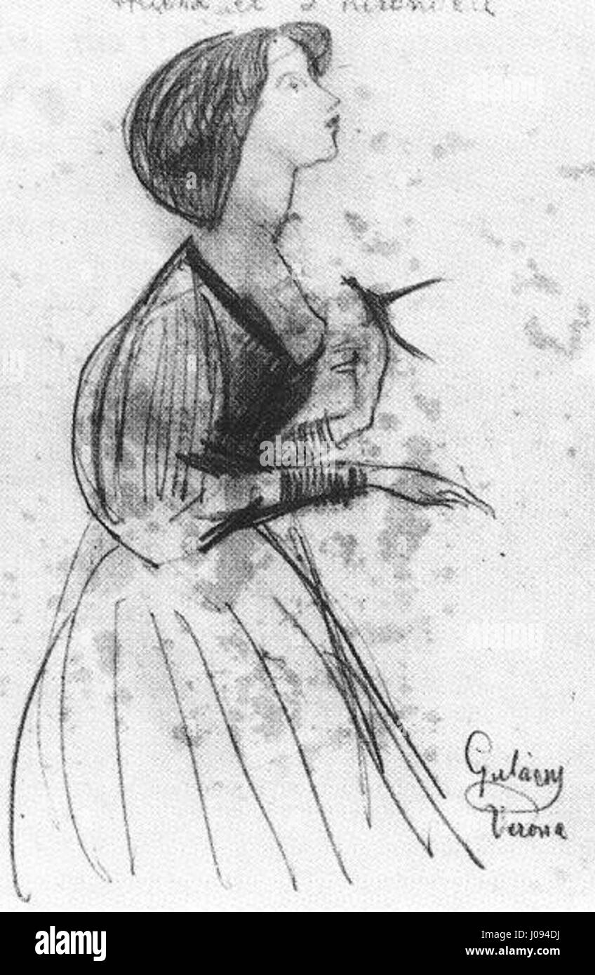 Lajos Gulcsý’ „Ilona und der Sperling“ zeigt eine zärtliche Szene mit einer jungen Frau und einem Sperling. Die sanfte Interaktion zwischen den beiden Motiven wird durch sanfte Pinselstriche und zarte Farben vermittelt. Stockfoto