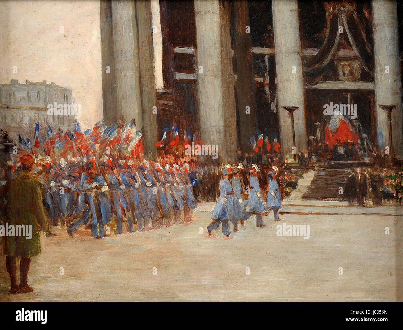 Die Militäraparade von Joseph-Félix Bouchor zeigt eine Militäraparade, die die für solche Ereignisse typischen disziplinierten Formationen und Regimentierungen zeigt. Das Gemälde hebt sowohl den Pomp als auch die Ernsthaftigkeit des Militärlebens hervor. Stockfoto