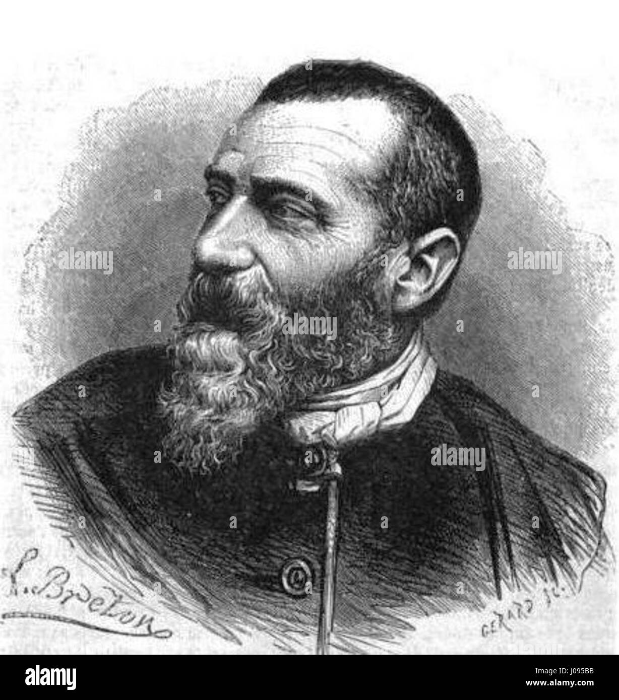 Ein Porträt des französischen Schriftstellers Alphonse Karr, erstellt vom Künstler L. Breton nach einer Fotografie von Pierre Petit. Dieses Werk fängt Karrs charakteristische Merkmale und Charakter ein. Stockfoto