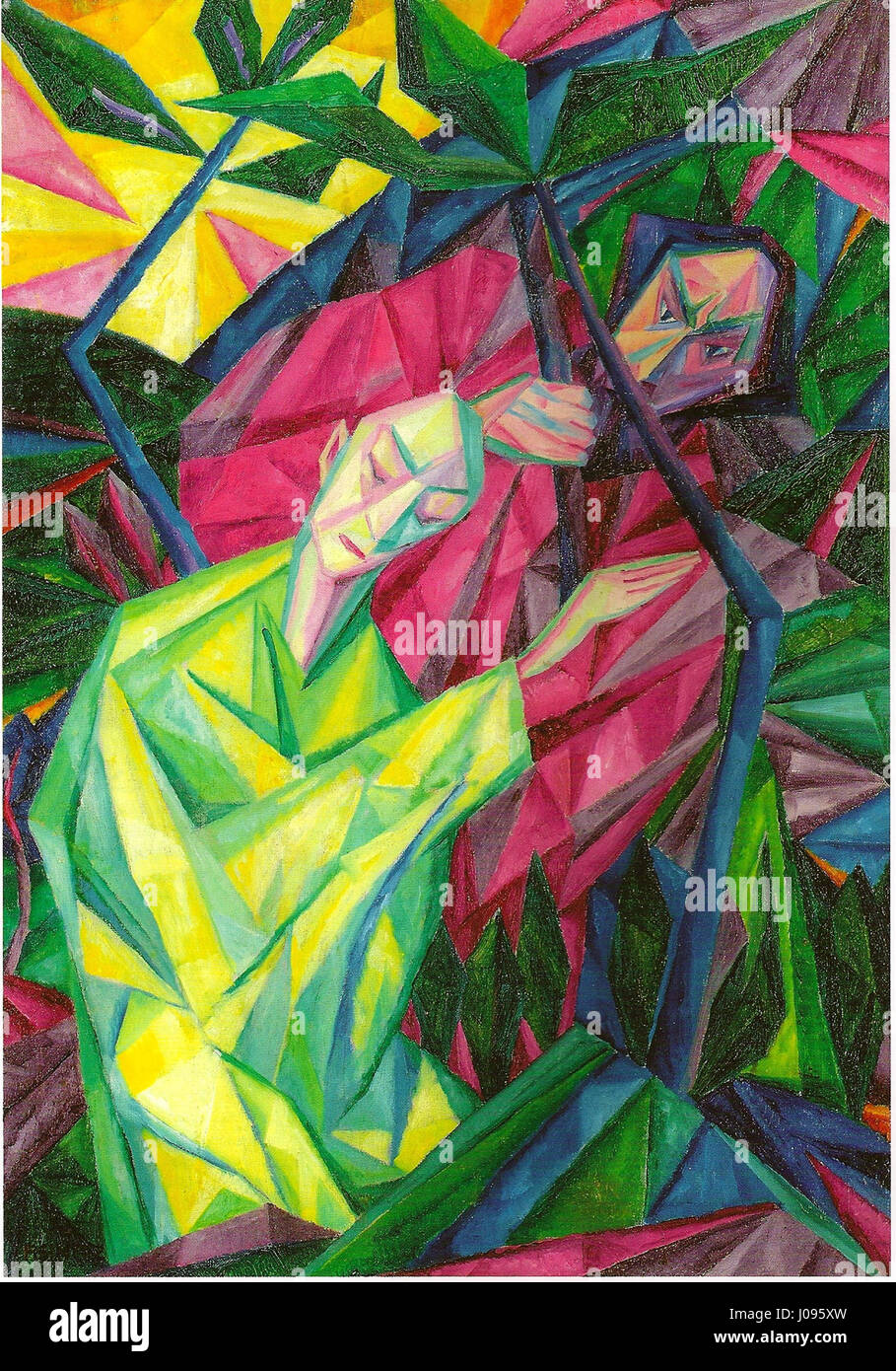 Maximilian Reinitzs „Buddha und der Räuber“ aus dem Jahr 1952 stellt eine markante Gegenüberstellung zwischen einer ruhigen Buddhafigur und einem bedrohlichen Räuber dar. Das Gemälde thematisiert Themen des inneren Friedens versus äußerer Gewalt und nutzt scharfe Kontraste in Farbe und Form, um seine dramatische Wirkung zu verstärken. Stockfoto