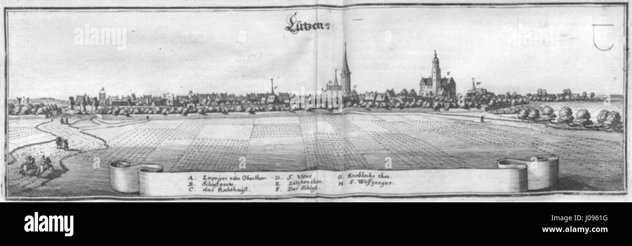 Diese von Merian geschaffene Darstellung der Schlacht bei Lützen zeigt die bedeutende Schlacht zwischen schwedischen und kaiserlichen Streitkräften aus dem 17. Jahrhundert und nimmt ihre historische militärische Bedeutung ein. Stockfoto