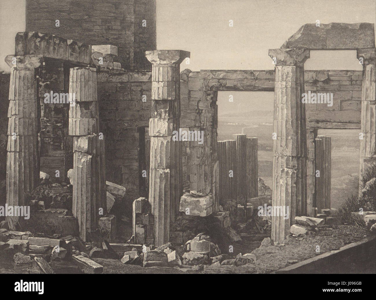 Nöel-Marie-Paymal Lerebours’ „Les Propylées à Athènes“ fängt die Pracht der Propyläen in Athen ein. Das Gemälde hebt die architektonischen Merkmale des antiken griechischen Denkmals hervor, das als monumentales Tor zur Akropolis diente. Stockfoto