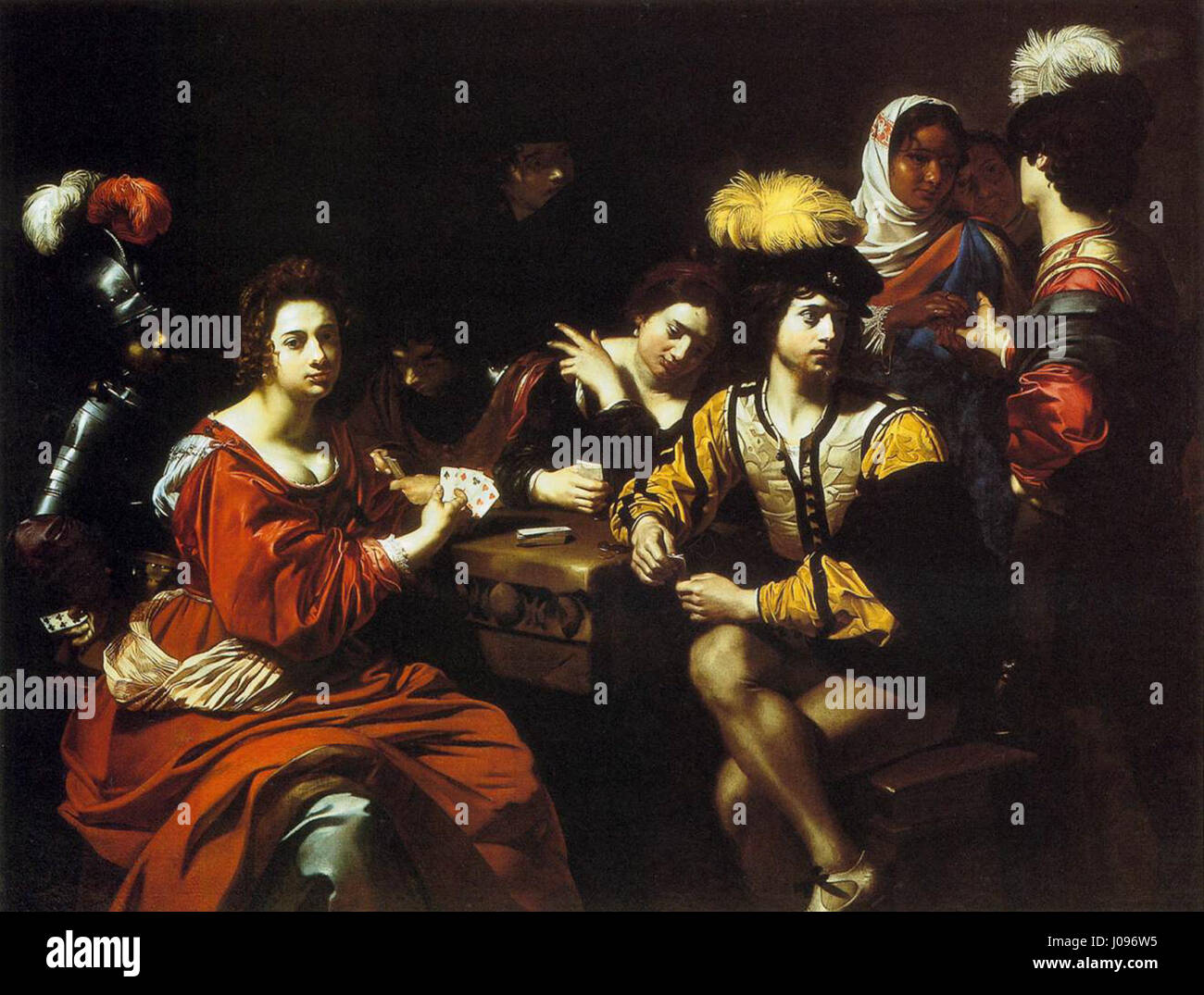 Nicolas Règniérs „Cardsharps and Fortune Teller“ zeigt eine Szene des Kartenspiels und des Glückserzählens und erforscht Themen wie Täuschung und Schicksal. Das Werk spiegelt die Faszination des 17. Jahrhunderts für Genre-Szenen und die menschliche Situation wider. Stockfoto