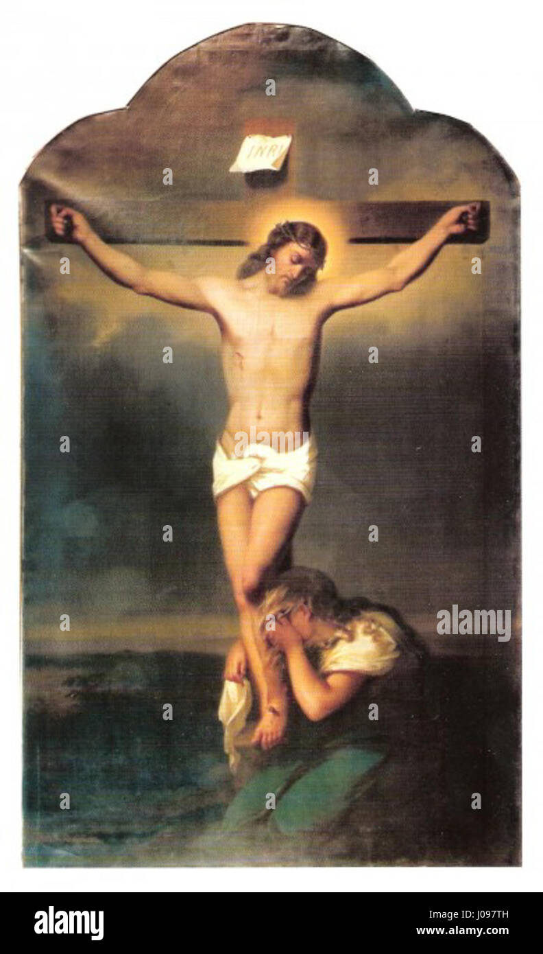 Romual Chojnackis Gemälde „die Kreuzigung“ aus dem Jahr 1866 fängt den dramatischen und emotionalen Moment der Kreuzigung Christi ein und spiegelt Chojnackis detaillierte Darstellung religiöser Themen wider. Stockfoto