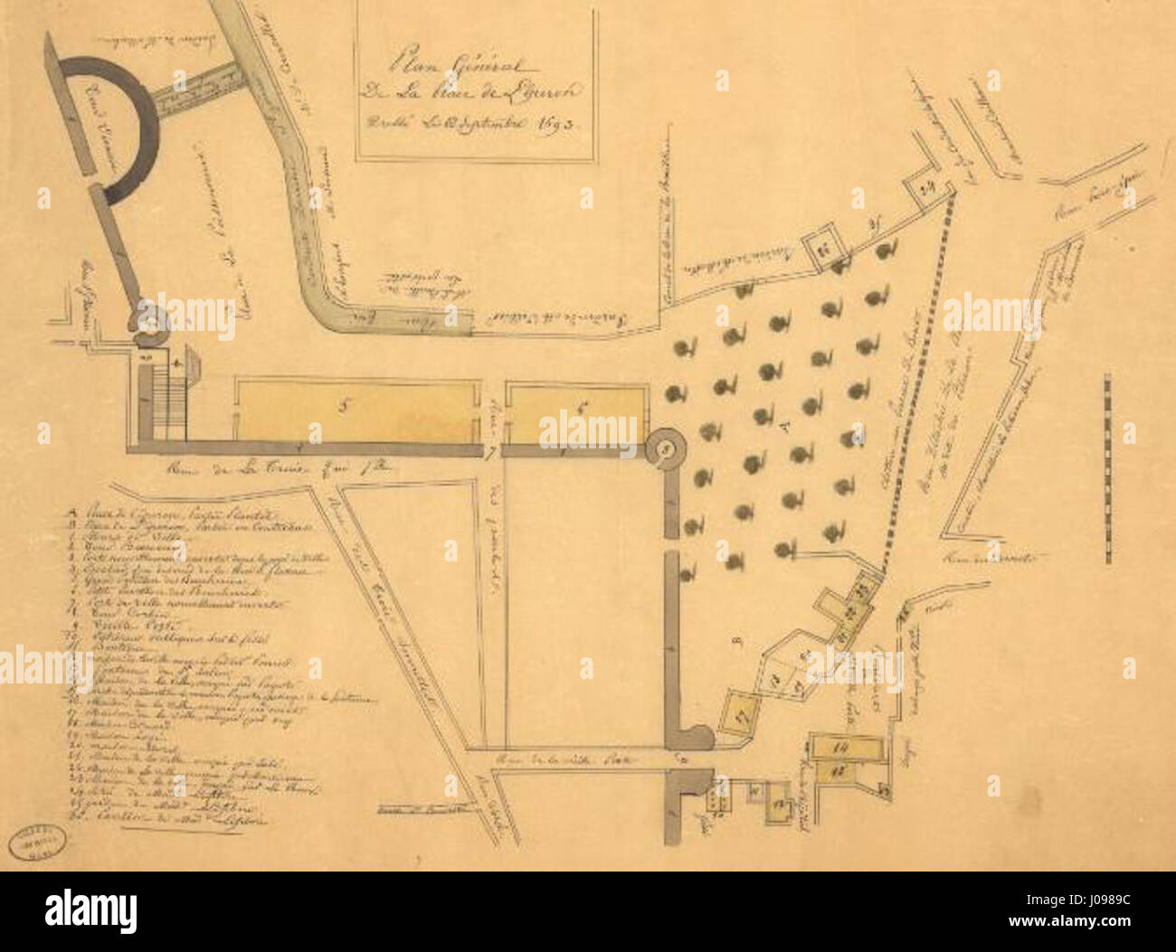 Der 'Place Peron' in Le Mans, der auf das Jahr 1693 zurückgeht, ist eine historische Stätte, die die Architektur und das Erbe der Stadt aus dem späten 17. Jahrhundert widerspiegelt. Es ist bekannt für seine unverwechselbaren Gebäude und das städtische Design der Epoche. Stockfoto