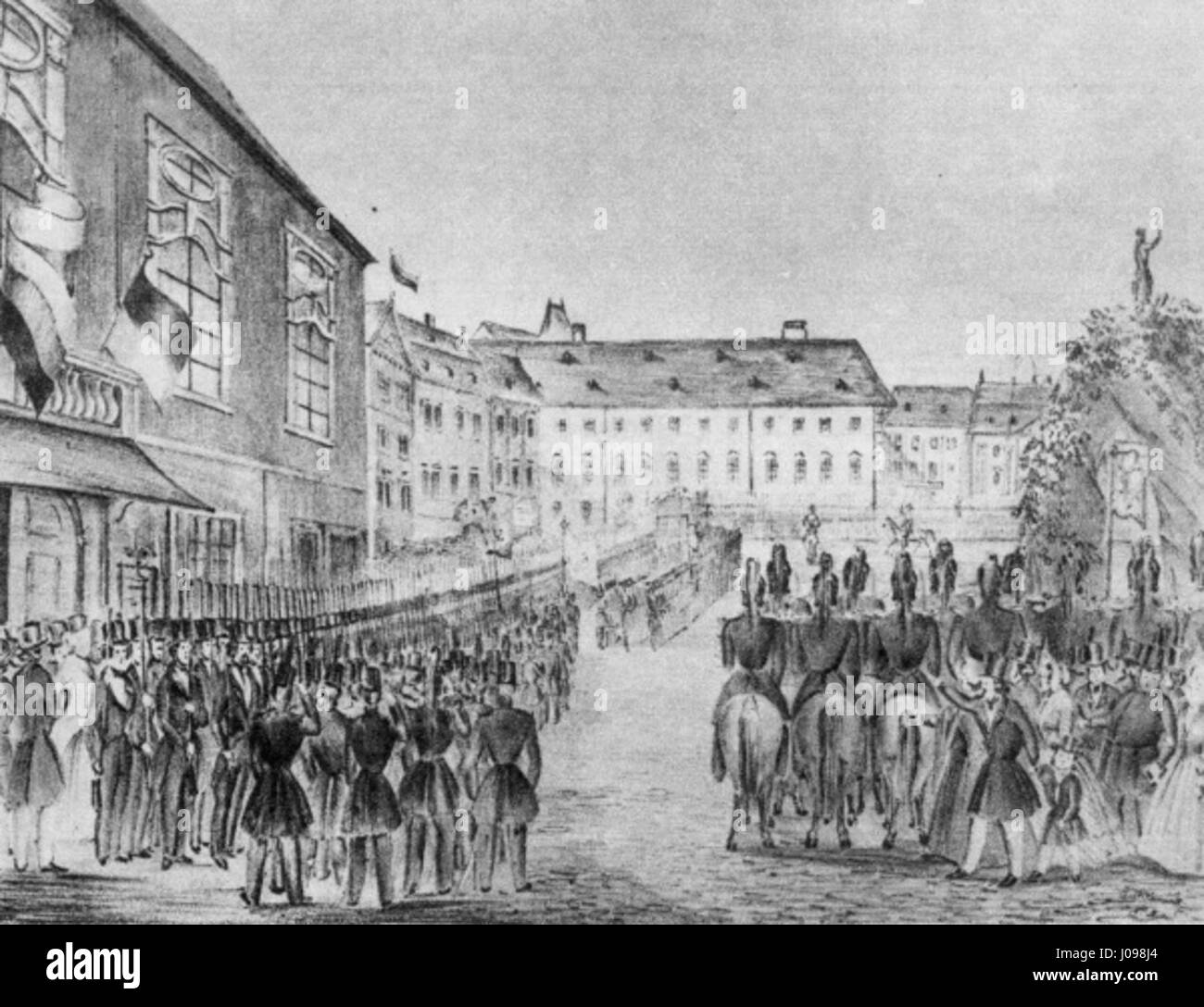 „Prehlídka n rodinná gardy V Brně“ (Parade der Familienwache in Brünn) am 5. Juni 1848 zeigt ein bedeutendes historisches Ereignis während der Revolutionen von 1848 in Europa. Diese Parade war ein Symbol des Widerstands gegen die damaligen politischen Unruhen und spiegelt die Unruhen in Mitteleuropa im 19. Jahrhundert wider. Stockfoto