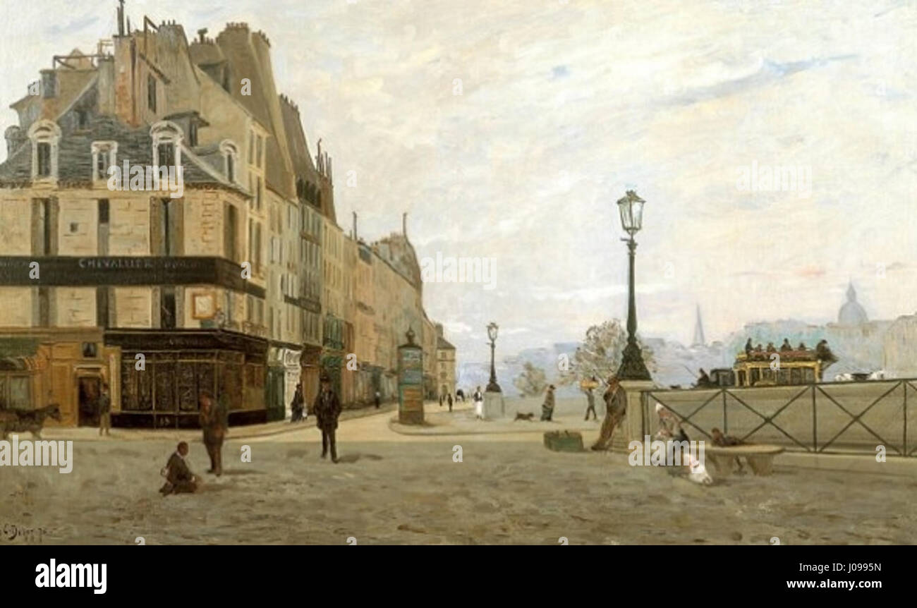 Die Pont Neuf und der Quai des Orfèvres des französischen Künstlers Delpy zeigen eine klassische Ansicht von Paris, wobei der Schwerpunkt auf der berühmten Brücke Pont Neuf und dem Quai des Orfèvres entlang der seine liegt. Das Gemälde fängt die städtische Landschaft von Paris im 19. Jahrhundert ein. Stockfoto