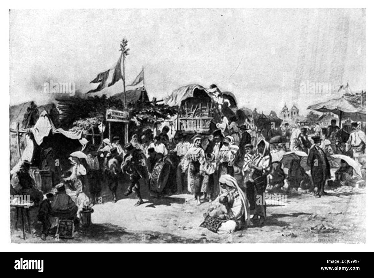 „Târguul Mosilor, 1869“ ist ein Kupferstich, der eine geschäftige Marktszene in Bukarest darstellt und das tägliche Leben und den Handel in der rumänischen Hauptstadt des 19. Jahrhunderts zeigt. Stockfoto