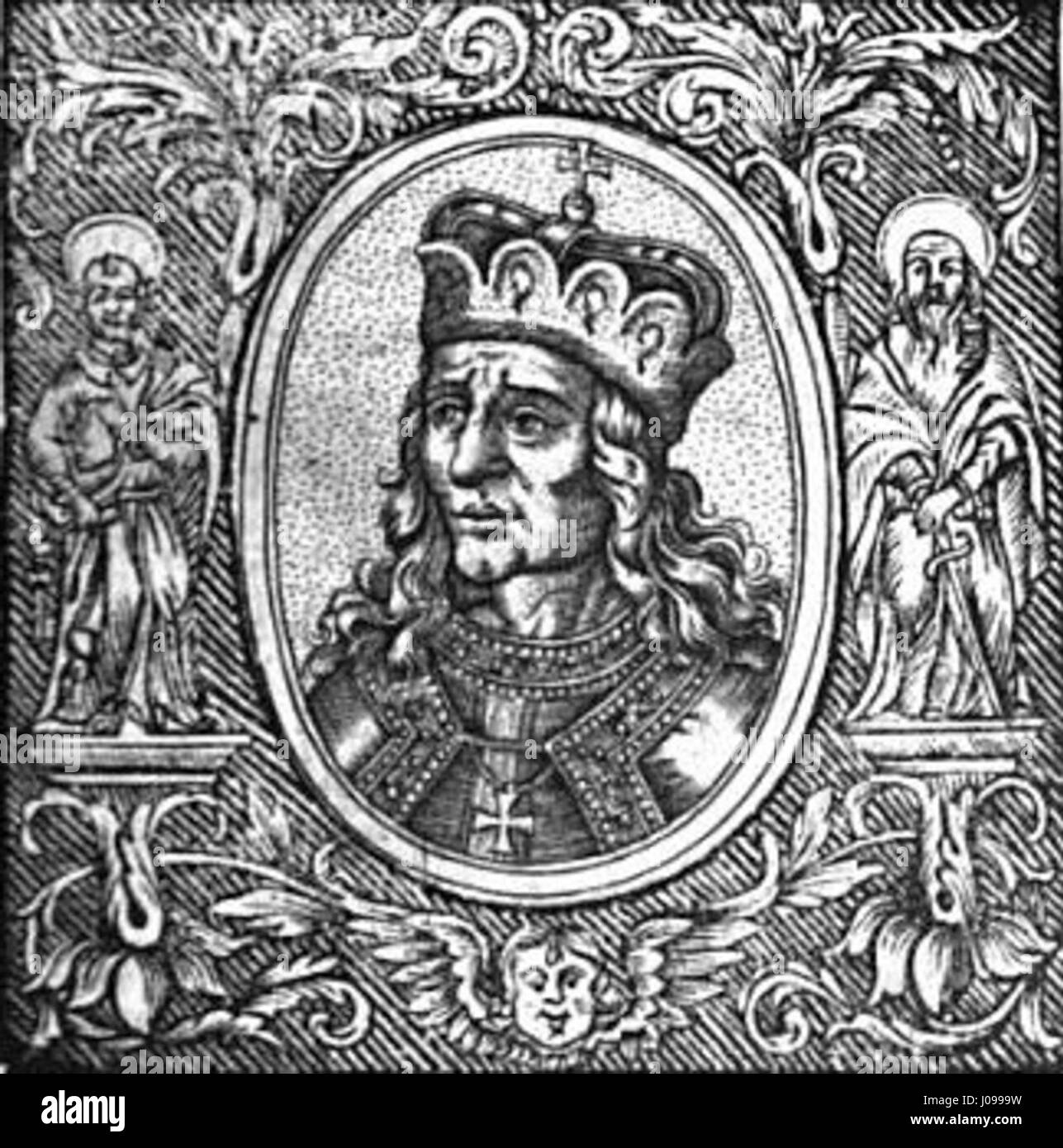 Sobeslav II. Ist ein Porträt des böhmischen Fürsten, das seine königliche Präsenz und seinen edlen Status veranschaulicht. Das Werk hebt Sobeslavs würdevolle Haltung und kaiserliche Kleidung hervor und nimmt eine Schlüsselfigur der tschechischen Geschichte ein. Stockfoto