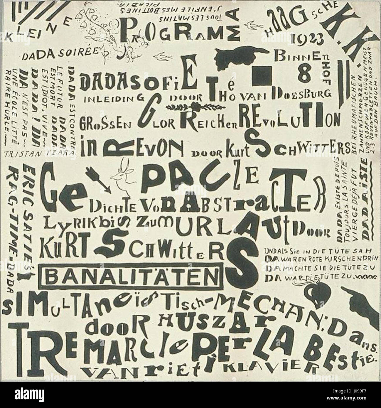 „Kleine Dada soirée“ von Theo van Doesburg spiegelt den rebellischen Geist der Dada-Bewegung wider. Das Stück verkörpert die antikünstlerische Haltung des Dadaismus mit kühnen, abstrakten Formen und einer spielerischen Energie und fängt das Wesen der frühen Jahre der Bewegung ein. Stockfoto