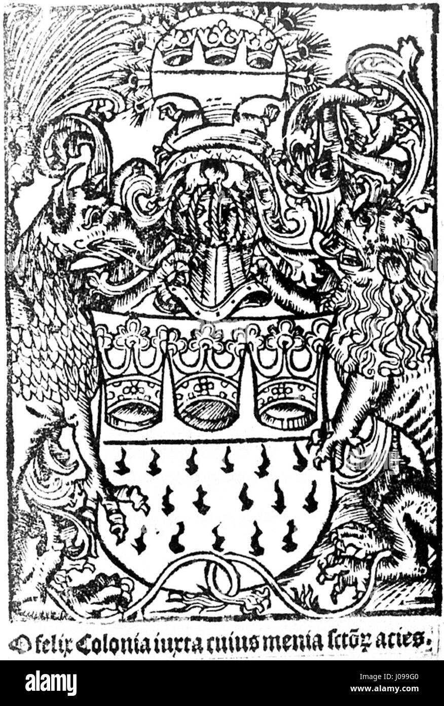 Das Wappen der Stadt Köln zeigt greif und Löwe als Anhänger. Dieses Wappen symbolisiert die historische Bedeutung der Stadt und ihre königlichen Verbindungen im mittelalterlichen Europa. Stockfoto